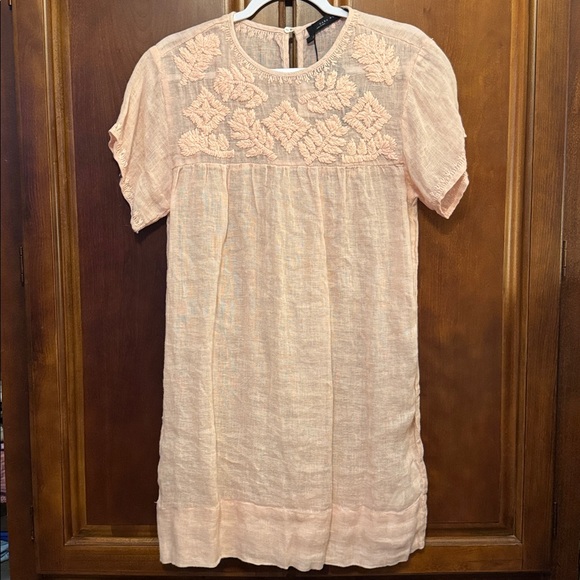 Zara Dresses & Skirts - Zara NWT Woman Embroidered Yoke Dress 100% Linen in Sheer Pink Blush size XS.